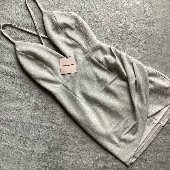 superdown Dresses & Skirts - NWT Superdown Porsha Wrap Front Cami Deep V Mini Dress Revolve Silver Metallic